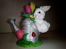 Vintage Bunny Rabbit Watering Can Tin Flowers Tulips Figurine 3.5 In use wear  picture