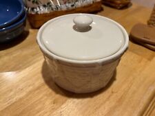 Longaberger pottery, ivory drum design, small round casserole dish with lid picture