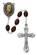 Saint Padre Pio Brown Bead Rosary Pewter Pray Center And INRI Crucifix 8mm Beads picture