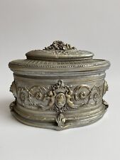 Vintage French Ornate Silver/Gold Tone Lions Oval Embossed Trinket/Jewelry Box picture