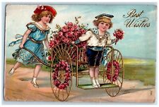 c1910's Best Wishes Girl Pushing Cart With Flowers Embossed Antique Postcard picture
