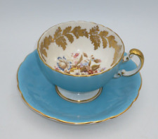 VINTAGE AYNSLEY BONE CHINA TURQUOISE & GOLD GILT WREATH TEA CUP & SAUCER picture