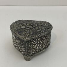 Small Antique Silver Heart Trinket Jewelry Box Floral Legged Red Felt Lined picture
