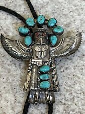 Vtg. Native American Eagle Dancer Kachina Sterling Silver & Turquoise Bolo Tie picture
