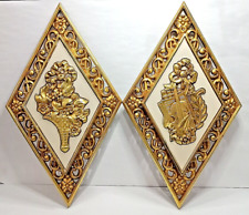 Set of 2 Dart Ind Gold Diamond 3D Wall Art Violin Floral USA 13 3/4