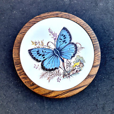 Vintage Amana Wood White Porcelain Trivet Wall Hanging Floral & Blue Butterfly picture