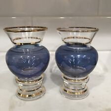Vintage 1950s Blue And Gold 2 Glasses Or Bud Vases picture