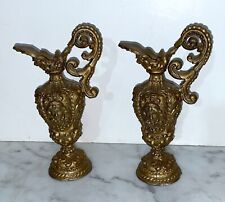 BEAUTIFUL VINTAGE PAIR OF GOLD COLOR METAL NEOCLASSICAL STYLE URNS picture