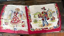 PAIR 1940s Textile- Cotton Tea Towels/Runners Mexican Figures & Theme- picture
