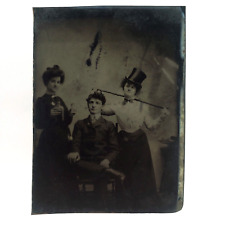 Party Girls Drinking Tintype c1870 Cross-Dressing Top Hat Cane 1/6 Plate H674 picture