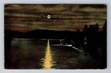 Adirondacks NY-New York, Moonlight On 4th Lake, Alger Point, Vintage Postcard picture
