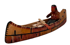 Vintage Hand Crafted Wooden Native American Indian in Canoe Signed, Unique Decor picture
