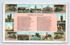Down In Texas Multiview Poem Postcard Bronco Longhorn Alamo Cactus VTG TX picture
