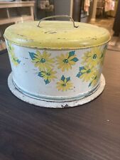 Vintage Metal Cake Carrier Yellow/White With Flowers MCM Weathered - 6” Tall picture