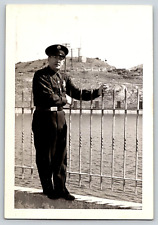 Policeman Guard Standing By Fence Antique Vintage B&W Photograph Snapshot OOAK picture