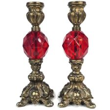 Vintage Red Lucite Gems and Metal Tall Pair of Candle Holders Candlesticks picture