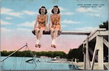 c1940s DOWAGIAC, Michigan Postcard DEWEY LAKE / Girls on Diving Board / Linen picture