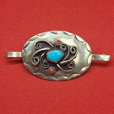 Native Southwestern Indian Turquoise Coral Belt Buckle Silver Tone Metal Concho picture