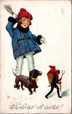 Postcard divided back Girl chasing away little devil dachshund halloween picture
