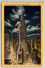 c1940s Chrysler Building Night View New York City Vintage Linen Postcard picture