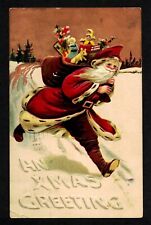 5702 Antique Vintage Christmas Postcard Santa Running Snow Toys BIG RAPIDS 1909 picture