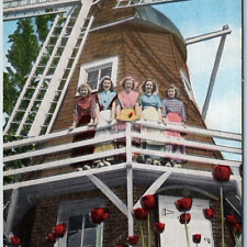 c1940s Pella IA Full Scale Dutch Windmill Sunken Gardens Lovely Women Girls A201 picture