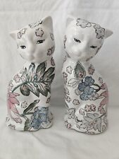 2 Vtg Oriental Asian Floral Tattoo Ceramic Handpainted Cat Kitten Figurines 7.6