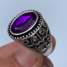 RARE ANCIENT SILVERED RING VICTORIAN ANTIQUE GYPSY NATURAL PURPLE STONES picture