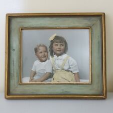 Vintage Hand Tinted Photo Children Boy Girl Portrait Happy Framed 1950s Siblings picture