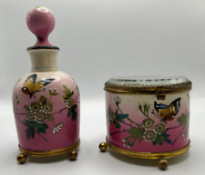 Antique French Porcelain Jewelry Casket & matching perfume bottle brass feet picture