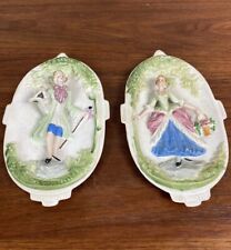Pair of CHASE Victorian Couple Hand Painted Occupied Japan Ceramic Wall Plaques picture