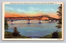 c1933 Linen Postcard Lake Champlain VT Vermont Bridge From New York picture
