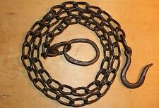 Antique Wrought Iron Hook on Length of Chain Beam Iron Ring 82 inches picture