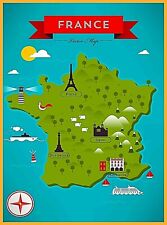 Map of Paris France Eiffel Tower Notre Dame Retro Travel Art Poster Print picture