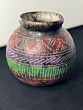 Small Navajo Native American Etched Striped Horse Hair Pottery Squat Vase Signed picture