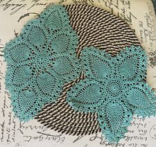 Lot of 2 Vintage Crocheted Handmade Doilies, Teal Green picture