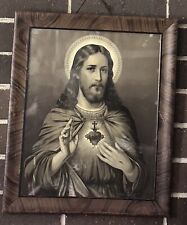 Antique vintage Jesus Sacred Heart Lithograph With Hand Wounds picture