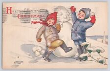 Postcard Christmas Children Dancing With Snowman Smoking Pipe Snowballs picture