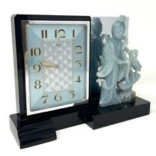 1930s E. Gubelin Lucerne Art Deco Desk Clock Jade Chinese Figural Antique VTG picture
