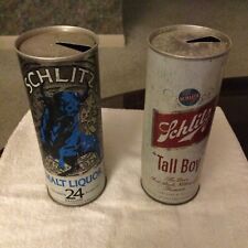 2 Vintage Steel Pull Top Beer Cans, Schlitz Malt Liquor & Schlitz “Tall Boy” picture