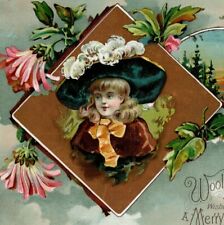 Lion Coffee Victorian Trade Card Christmas Cute Girl in Fancy Hat Yellow Ribbon picture