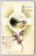 Clapsaddle~Violets Cross & Easter Greeting Poem~Vintage Postcard picture