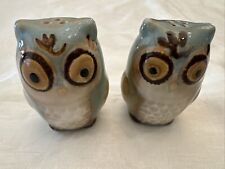 Vintage Pottery Owl Salt And Pepper Shakers Blue Tan Glazed 3” picture