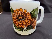 Vintage GLASBAKE Milk Glass Mug #79 Orange Zinnia Flowers. Made in the USA picture