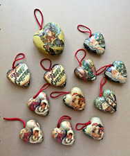 Vtg Mixed Lot of 12 Decoupage Paper Mache Ornaments Old World Santa Heart Shaped picture
