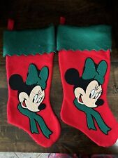 Two Vintage Disney Minnie Mouse Christmas Stockings Red Felt Green Bow 17