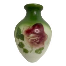 Vintage White Milk Glass  Handpainted Green With Pink Rose Vase Decor Art 7” picture