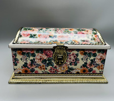 Vtg Linette W. Germany Decorative Pink Floral Cookie Candy Tin Box Hinged Lid picture