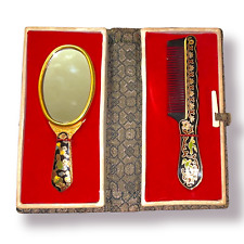 Beautiful Vintage Travel Set Comb & Mirror Cloisonne Enamel in Original Case picture