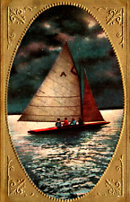 Postcard People Moonlight Sailing on Sailboat Gold Tone Embossed Boarder Antique picture